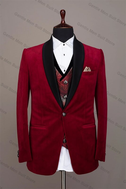 Completi da uomo in velluto rosso Set giacca da 2 pezzi + pantaloni in cotone giacca su misura giacca da smoking da sposa da sposo formale da uomo d'affari