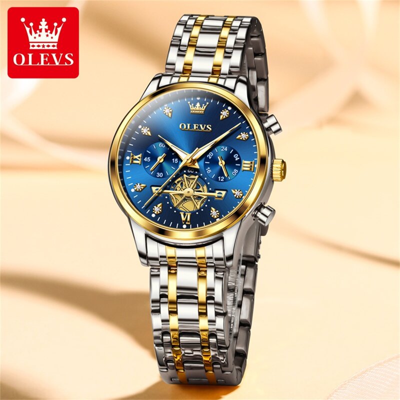 Роскошные Дизайнерские наручные часы OLEVS с маховиком для пары, водонепроницаемые часы с хронографом и фазой Луны, брендовые оригинальные кварцевые часы для мужчин и женщин