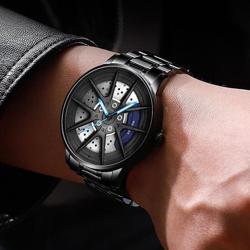 BORUSE-reloj de acero inoxidable para hombre, accesorio de pulsera de cuarzo resistente al agua con ruedas de coche, a la moda, 2024