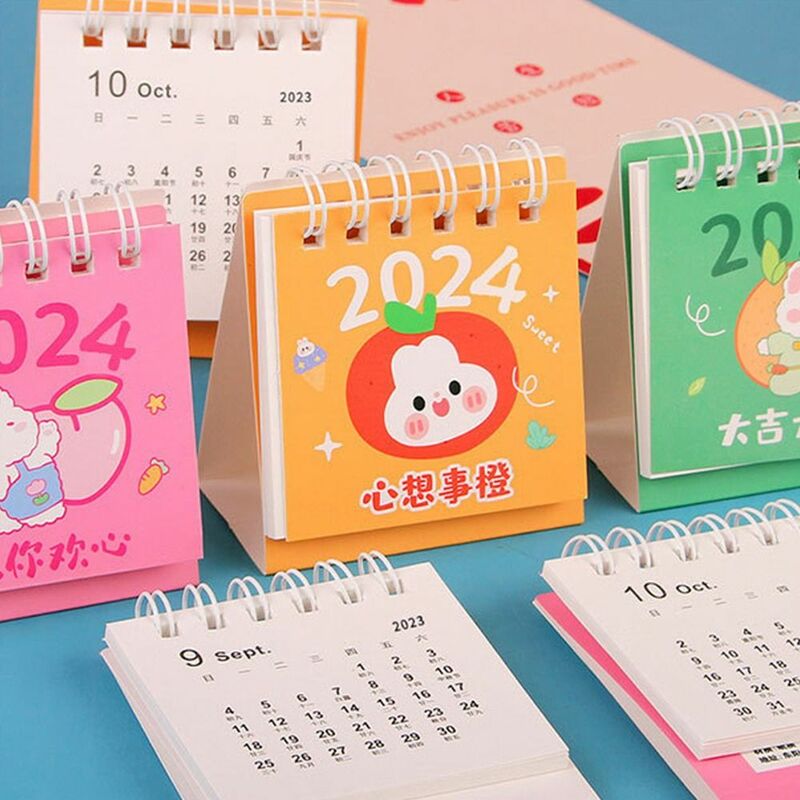 Calendário de papel com padrão de coelho, gravável, mini planejador de programação, escritório, diário, anual, julho de 2023 a dezembro de 2024