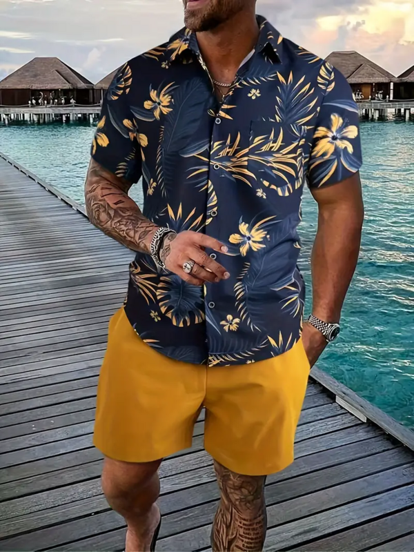 Camisa floral vintage com estampa 3D masculina, manga curta, camisa de praia casual extragrande, streetwear verão, roupa havaiana