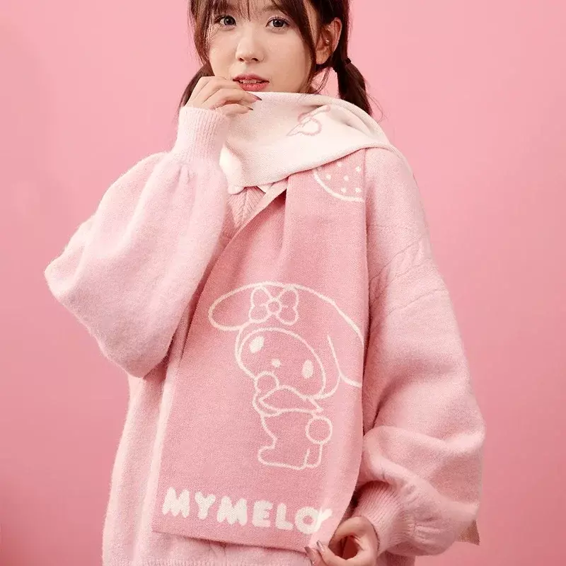 Cute Sanrio Kuromi Knitted Scarf My Melody Cinnamoroll Cartoon Adult Dual Color Warm Thickened Scarf Costume Accessory Kids Gift