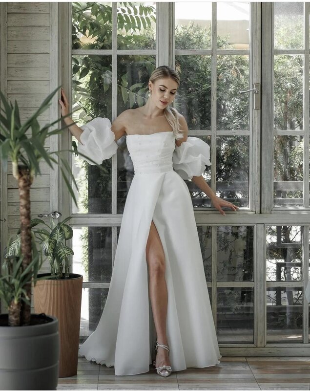 Organz-A-Line Vestido de Noiva com Puff Sleeve, Vestidos de Noiva, Side Slit, Lace-up, Back Robe, Comprimento personalizado, Comprimento