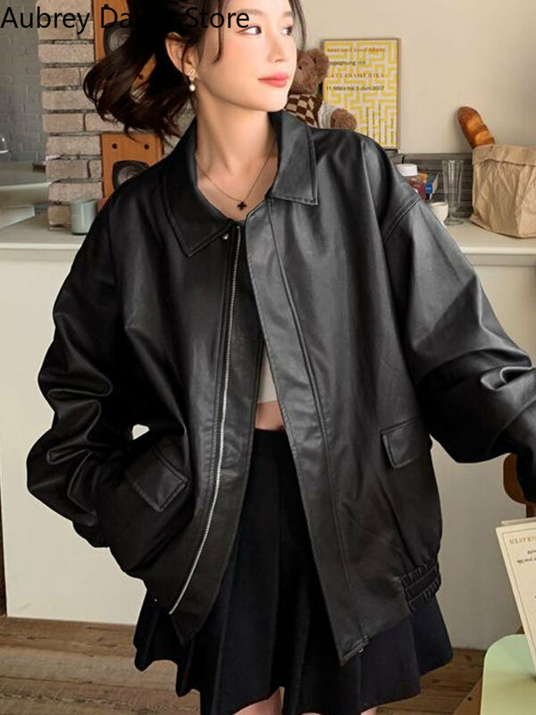 Punk Loose Leather Jacket Women Streetwear Vintage Biker Zipper Leather Jacket Fashion Trend Harajuku Casual Faux Leather Coat