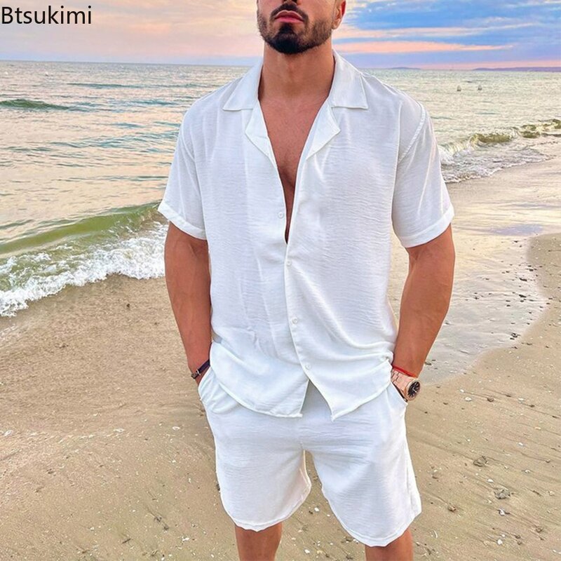 Nuovi set di lino in cotone estivo da uomo 2024 set di camicie e pantaloncini con risvolto a maniche corte in tinta unita set di abbigliamento per le vacanze al mare hawaiano da uomo