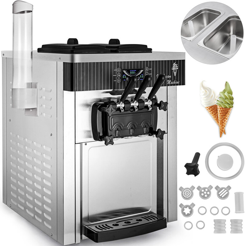 Maszyna do lodów komercyjna VEVOR 5,37,4 Gal na godzinę miękka porcja z wyświetlaczem LED automatyczne czyszczenie 3 smaki dla restauracji Snack Bar