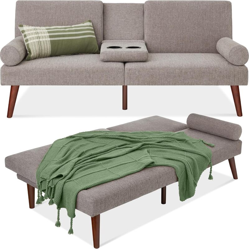 Sofá-cama futon estofados moderno, cama conversível, sofá pequeno com braços arredondados, 2 porta-copos, meados do século