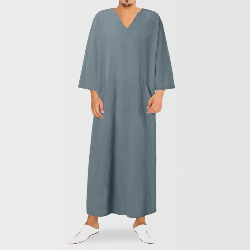 Men Long Sleeve Aman Abaya Jubba Thobe For Men Kaftan Pakistan Muslim Saudi Arabia V Neck Islam Clothing Prayer Robe Afghan