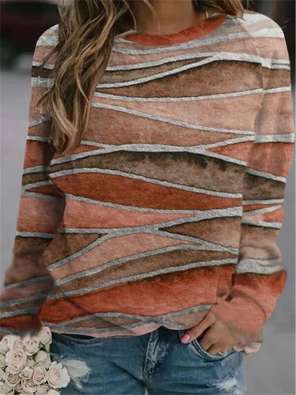 Impressão geométrica manga longa camisola o pescoço das mulheres topos 2022 outono inverno solto casual escritório pulôver hoodies roupas femininas