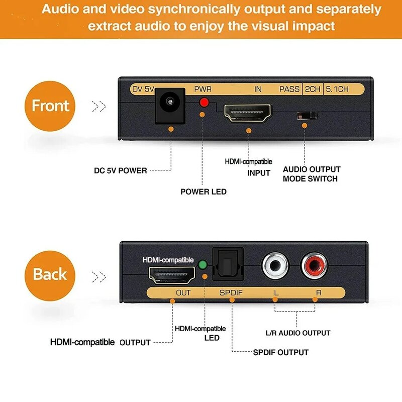 Audio-Extractor Converter Hd Naar Hd + Audio (Spdif + Rca L/R Stereo) Voor Vuur Stick Xbox Ps5 Ondersteuning 3d Voor Hdcp2.2 18Gpbs