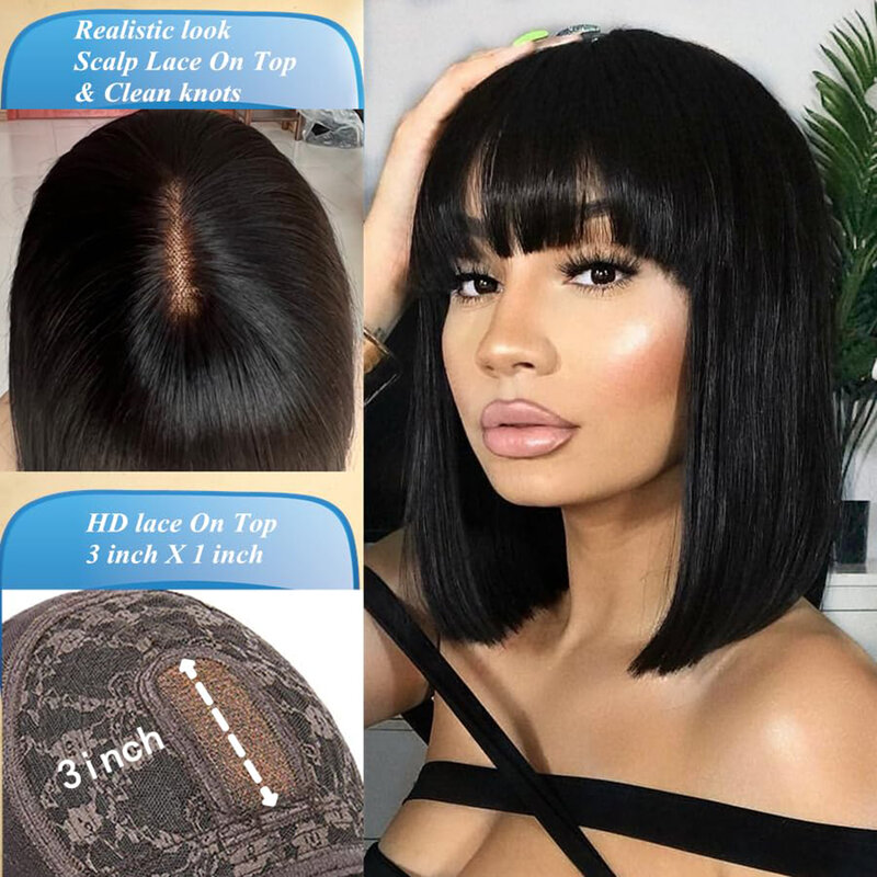 3X1 Middle Part Lace Wig Bone Straight Human Hair Wig With Bangs Glueless Wig Human Hair Ready To Wear And Go 100% Human Hair