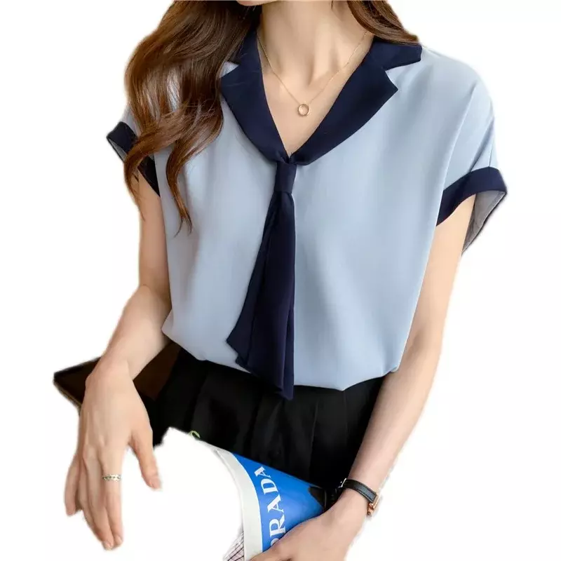 Blus Musim Panas Lengan Pendek Mode Baru Atasan Wanita Kemeja Wanita Elegan Leher V Kantor dengan Blus Pakaian Sifon Pita 15072