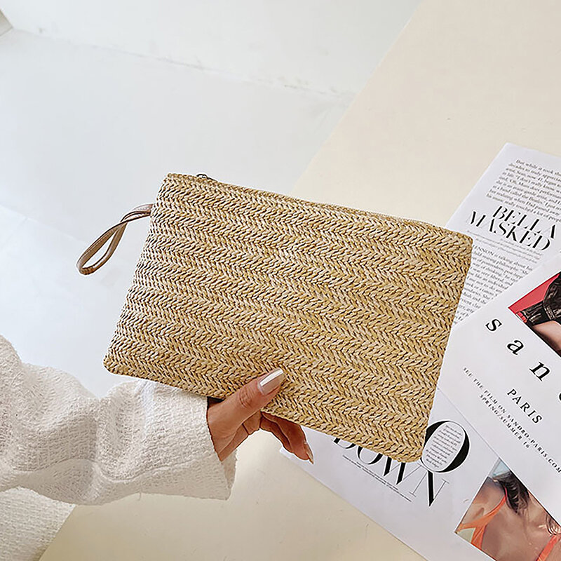 Weaving Bag Fashion Ladies Wristlet Women Daily Money Phone Clutch Solid Straw Woven Coin Purse Beach Wallet Card Holder