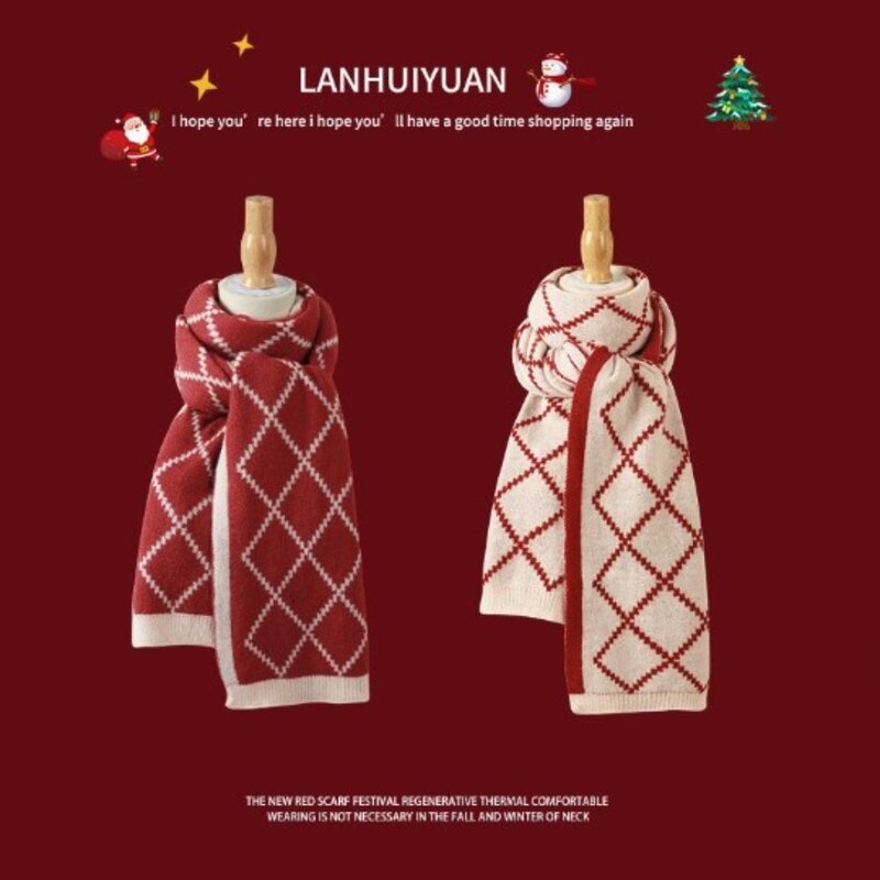 Nowy styl duży czerwona z dzianiny ciepły szalik damski zimowy japoński w kratę studencki wszechstronny wełniany modny rok mody boże narodzenie