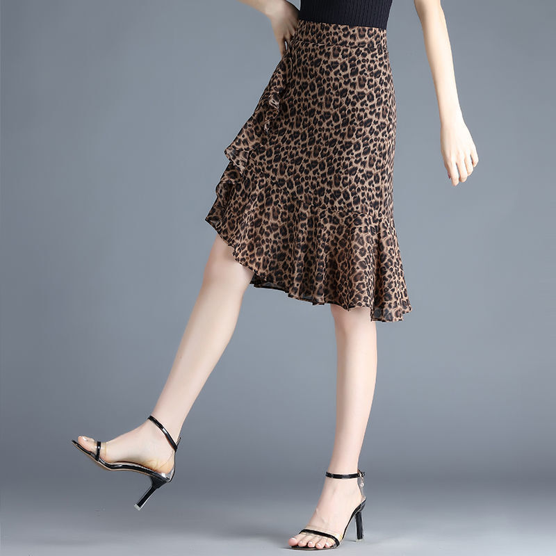 Faldas de gasa con estampado Irregular para mujer, faldas de leopardo con volantes, cintura alta elástica, holgadas, otoño, 2024