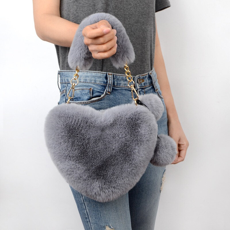 Moda damska na jedno ramię torba z futerka zimowa imitacja sierść królika torebka w kształcie serca jednolity kolor Crossbody torba z futerka