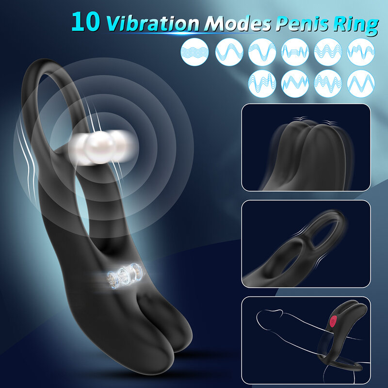 Penis Rings Vibrator for Men 10 Speeds Vibring Delay Ejaculation Double Cock Ring Clitoral Stimulator Sex Toys for Couple