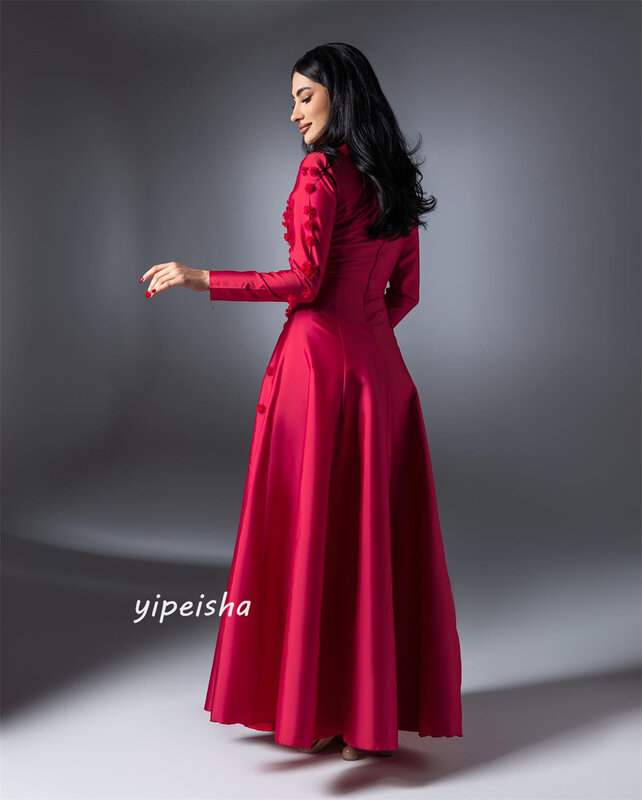 Prom Dress Saudi Arabia Satin Flower Draped Homecoming A-line O-Neck Bespoke Occasion Gown Long Sleeve Dresses