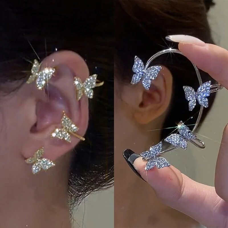 Clips de oreja de mariposa de Metal chapado en plata sin Piercing para mujer, pendientes de Clip de puño de oreja de circón brillante, joyería de boda