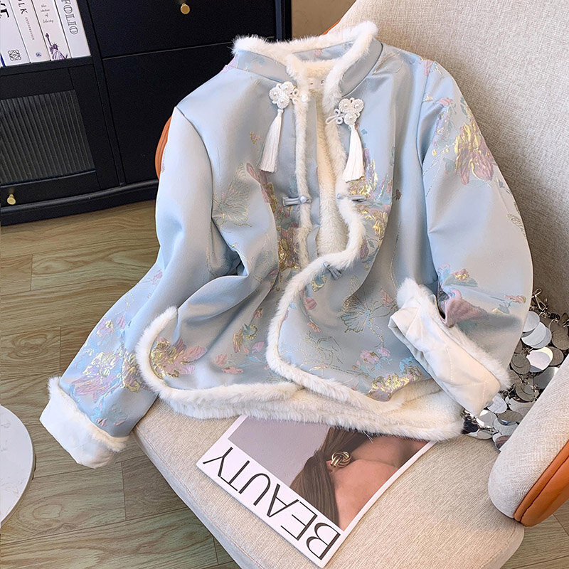 Женское хлопковое пальто Y2K Guofeng, новинка зимы 2024, винтажная куртка Tang с цветочным принтом, роскошная короткая одежда с воротником, верхняя одежда