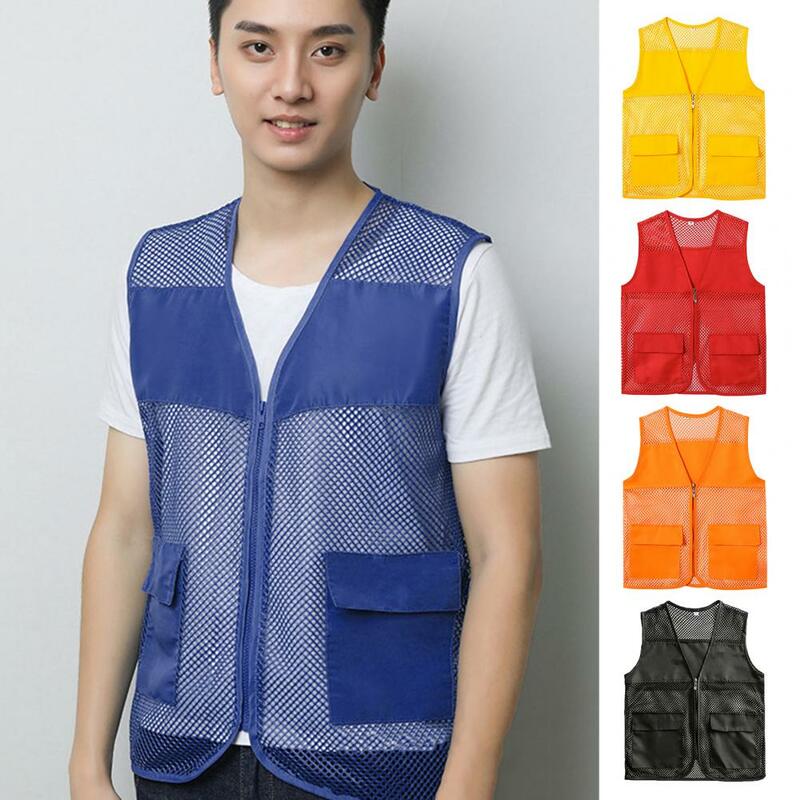 Work Clothes Vest Hollow Out See-through Solid Color Big Pockets Loose Working Clothing Zipper V Neck Plus Size Cargo Vest Adult