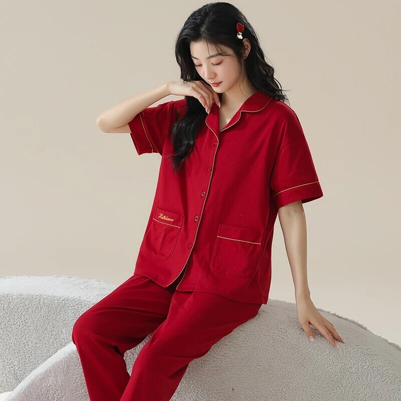 Couple Nightwear Suit Summer Sweet Festive Red Color Short Sleeve Pajamas Modal Cotton Homewear Men Big Yards 4XL Pijamas Hombre