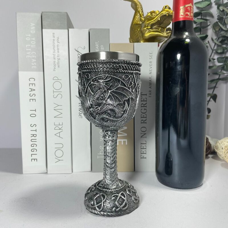 Medieval Mug Silver Silk Pattern Wine Cup 3D Gothic Sculpture Beer Mugs Brumate Goblet Resin Coffee Cup Stainless Steel Mugs
