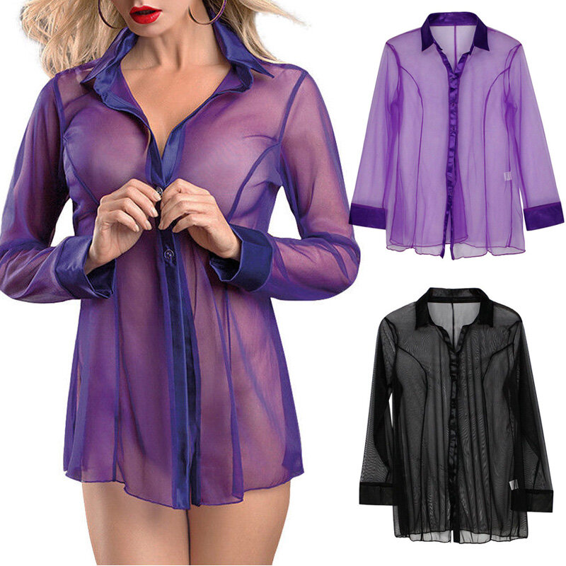 섹시한 투명 메쉬 부드러운 쉬어 셔츠, 메쉬 블렌드, 여성 옴브레 란제리 잠옷 로브 나이트웨어, 부드러운 수면 셔츠