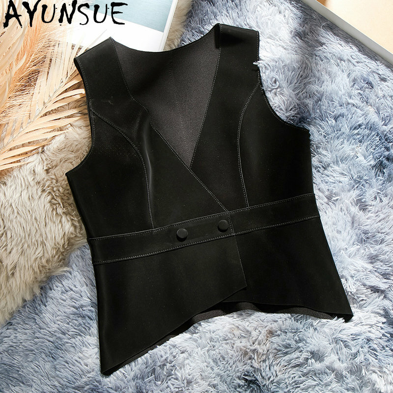 AYUNSUE Genuine Sheepskin Sleeveless Jacket Women 2023 Korean Fashion Vneck Leather Jackets Women Leather Vest Slim Waistcoat