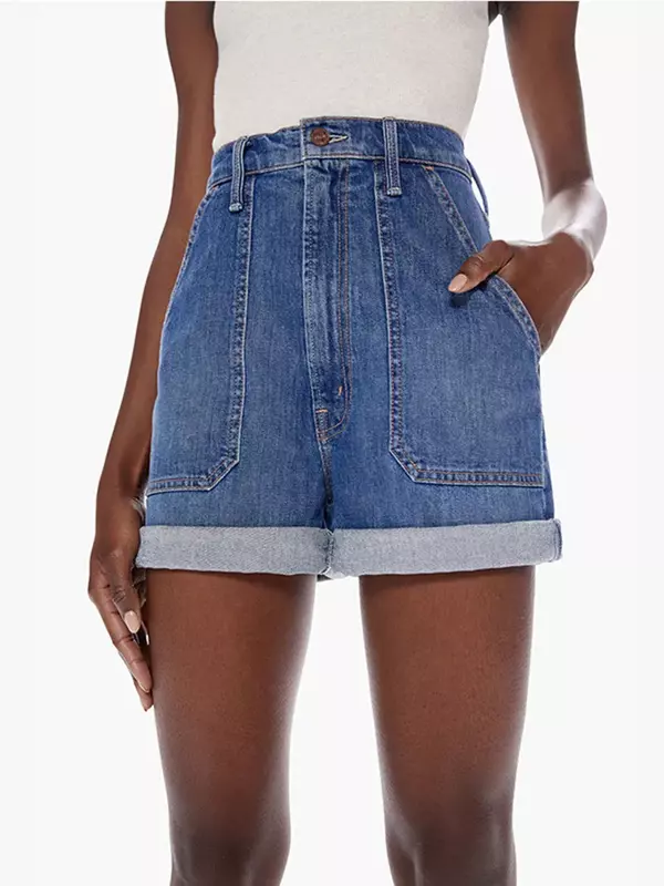 Shorts jeans reto de cintura alta feminino com bolsos com zíper, jeans curto casual com tudo o que combina, verão