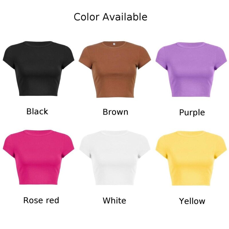 Women Cropped Top Summer Short Sleeve T-shirts Ladies Solid Basic Tee Top Round Neck Pullover Shirt Plain Tops