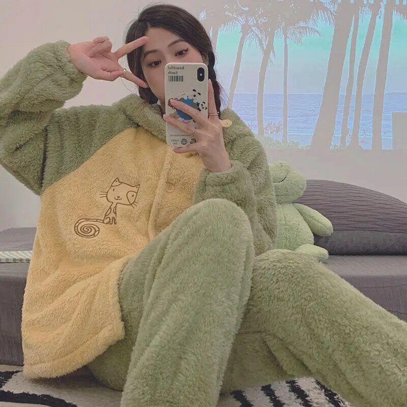 Winter Pajamas Women Two-piece Pad Coral Velvet Long-sleeved Hooded Pijama Cute Home Clothes Suit Casual Loose Girls Sleepwear