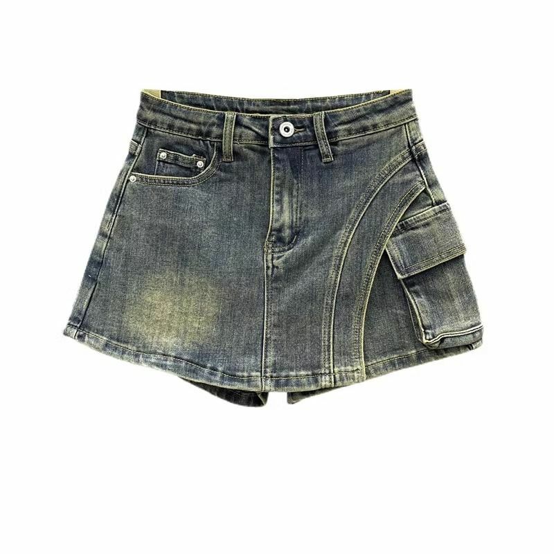 Denim Shorts Skirt Irregular Big Pockets Cargo High Waist Women Wash Grey Short A-Line Mini Skirt 2024 Summer New Fashion