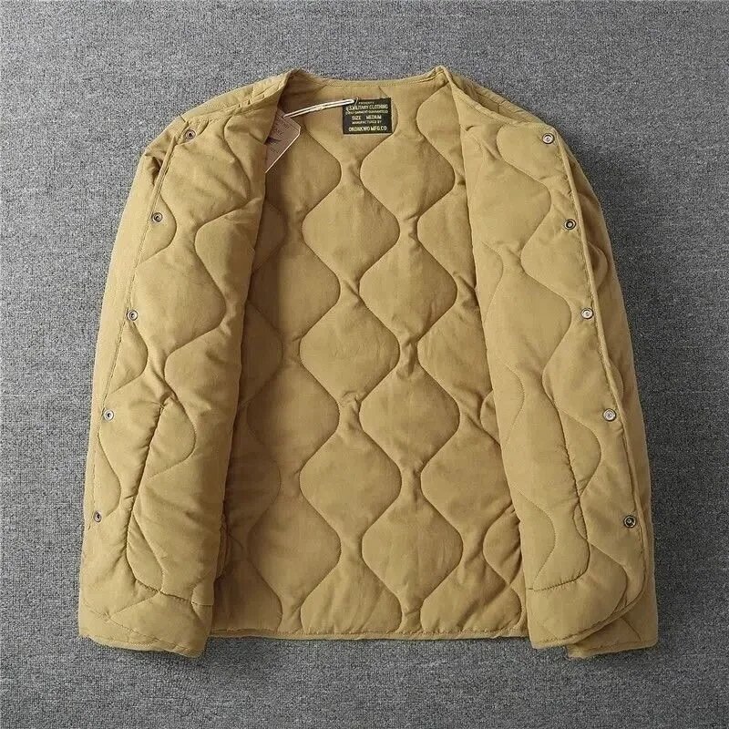 남성용 카키 퀼팅 재킷, 레트로 두꺼운 O넥 코트, 테크웨어 단추 업 오버사이즈 재킷, M65 가디건, 가을 겨울