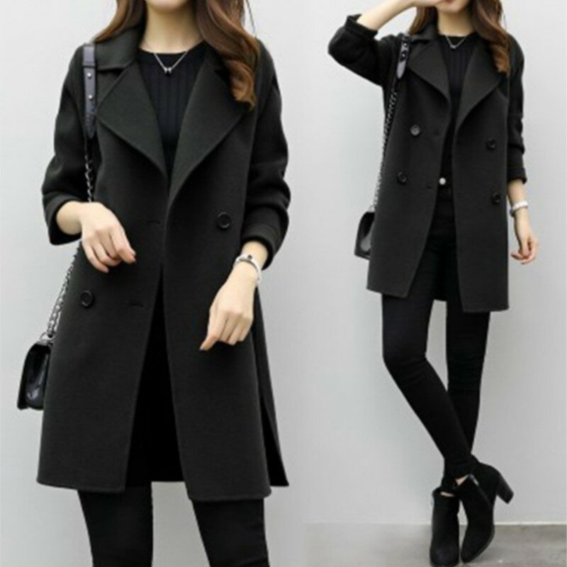 Женское шерстяное пальто, двубортное Свободное пальто с длинным рукавом и отложным воротником, верхняя одежда, осень-зима 2024