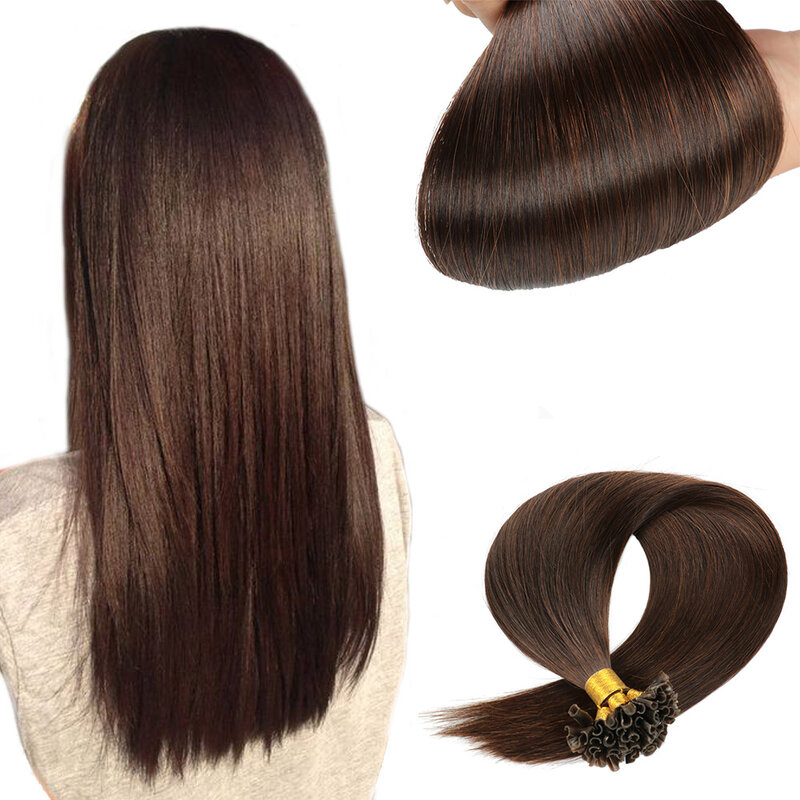 Прямые U-образные волосы для наращивания, человеческие волосы #2, темно-коричневые человеческие волосы, U-образные человеческие волосы для наращивания, 100 прядей/упаковка, волосы для ногтей