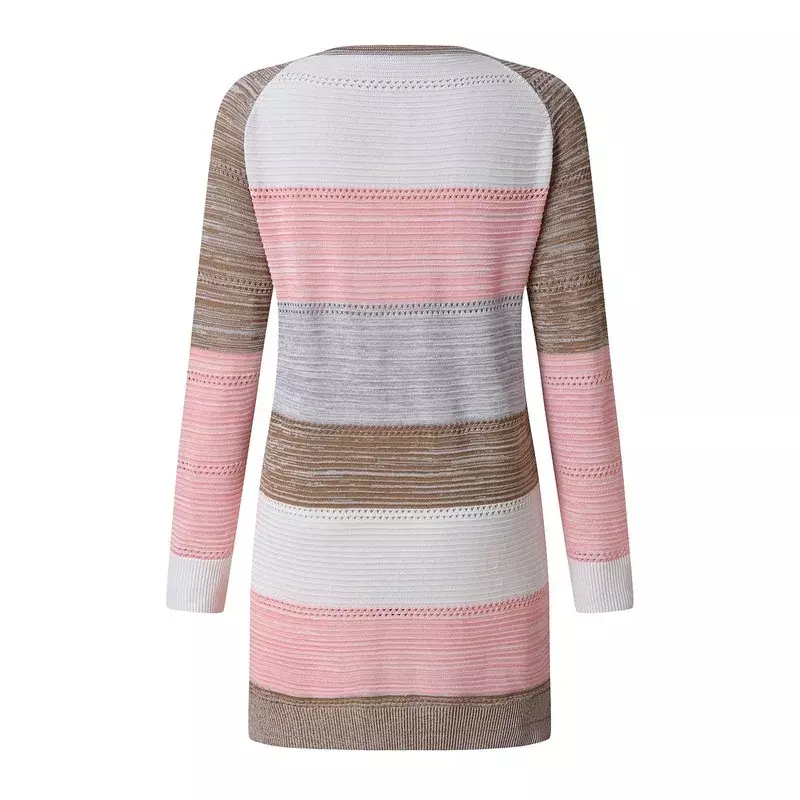 Women Sweaters Comfy Stylish Stitching Long Sleeve Striped Patchwork Sweater Female Casual Long Cardigan Autumn Winter Tops 2021
