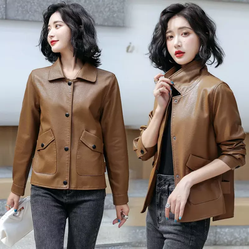 Koreańska skóra kurtka damska 23 wiosna jesień czarna kurtka moda na co dzień mocoyle kurtki odzież damska modny styl Chaqueta Mujer