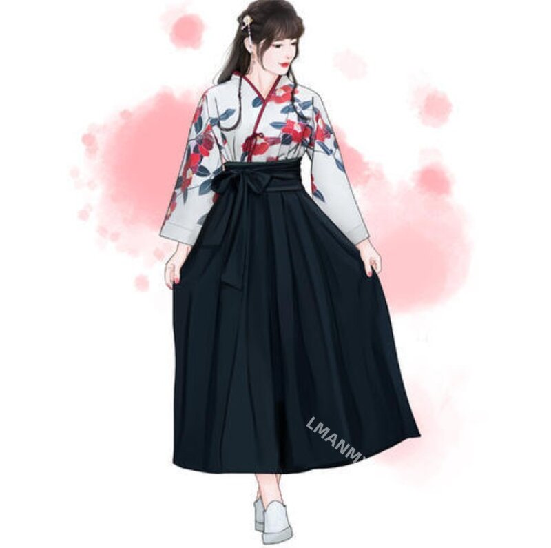 Kimono Sakura anak perempuan gaya Jepang cetakan bunga gaun antik kostum cinta kamelia Oriental wanita