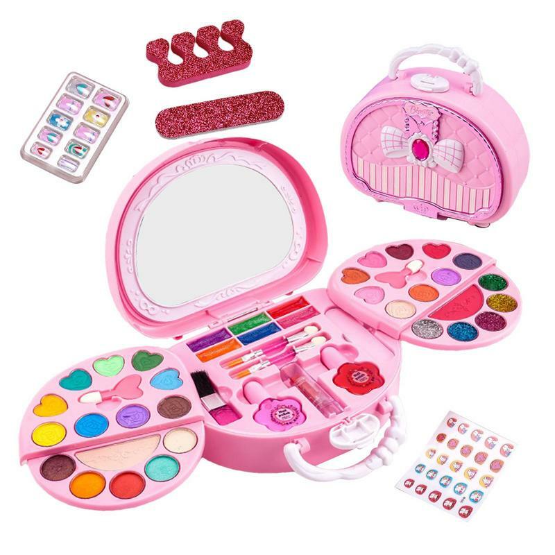 Kit rias anak perempuan, kotak permainan kosmetik riasan Putri dapat dicuci, Kit rias lengkap dan portabel
