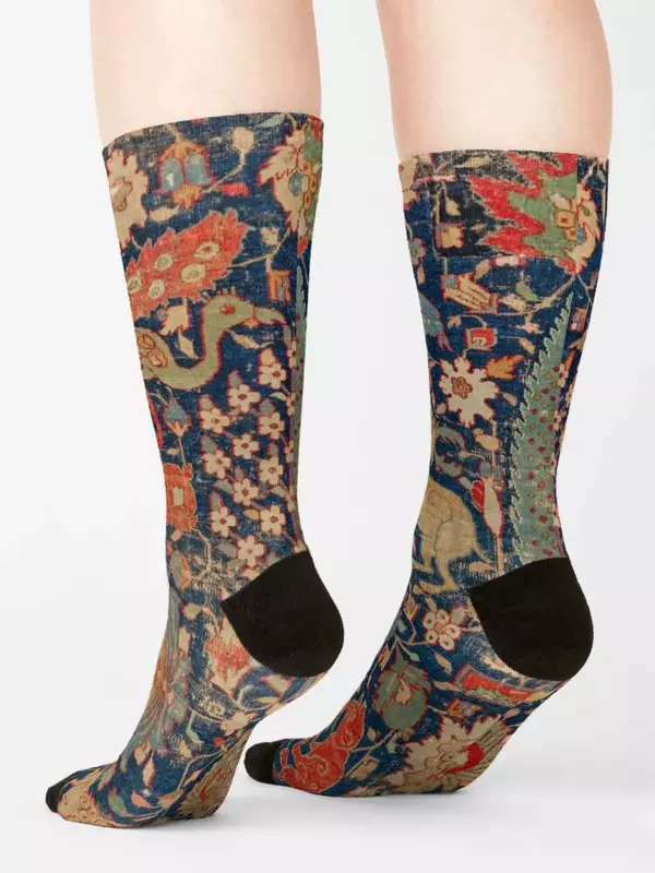พรมเปอร์เซียพิมพ์ลายศตวรรษ17th พร้อมถุงเท้าสัตว์ลายดอกไม้ถุงเท้าเตะฟุตบอลหญิงชาย