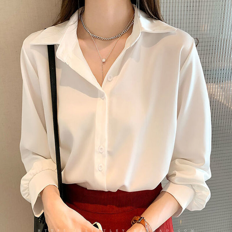 Gidyq-Camisa casual feminina de chiffon, moda coreana, solta, senhoras do escritório, manga comprida, verão, que combina, top sólido de lapela feminino, novo