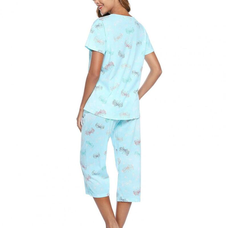 Ensemble de pyjama imprimé pour femme, vêtements d'intérieur pour femme, col en V, pantalon large, mère, grand-mère, 2 pièces