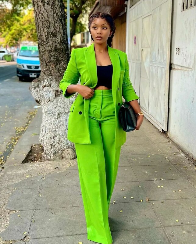 แฟชั่นผู้หญิงสีเขียวชุดเสื้อ + กางเกง2 Pcs หลวมที่ปรับแต่งอย่างเป็นทางการ Casual Party เสื้อ Bright สีพรหมชุดเครื่องแต่งกาย