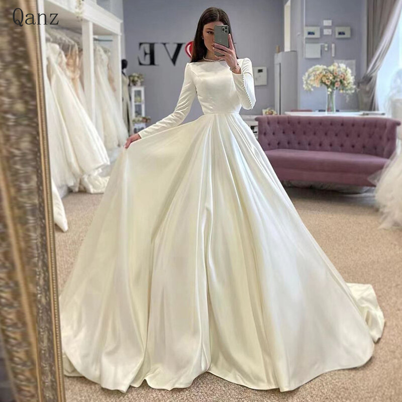 Qanz бальное атласное свадебное платье с высокой горловиной длинными рукавами с открытой спиной в стиле бохо халат для невесты с пуговицами Плюс Vestidos De Novias