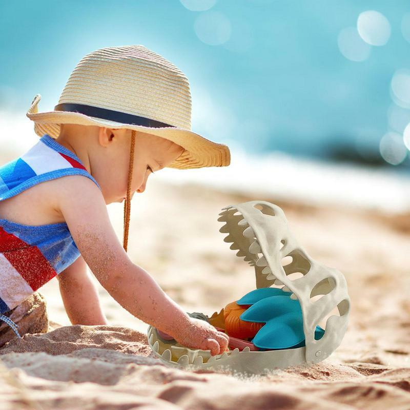 Pala de arena de dinosaurio para niños, de 9 piezas molde de arena, juego de playa de verano al aire libre, desarrollo de habilidades motoras finas, juego de excavación de arena