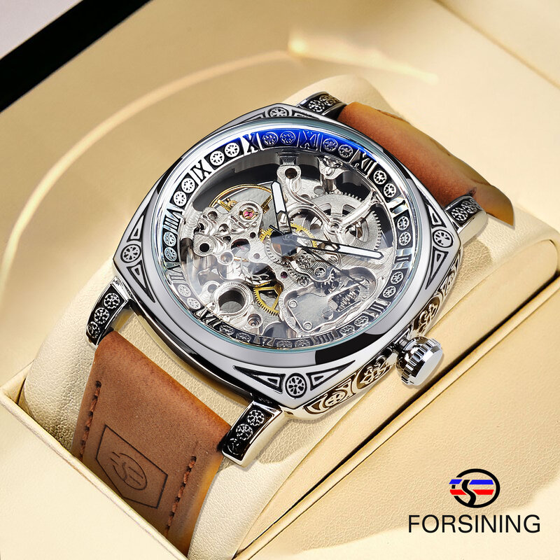 Forsining-Relógio de pulso automático retrô masculino, couro genuíno, impermeável, luxo, esqueleto, mecânico, legal, presente para homens