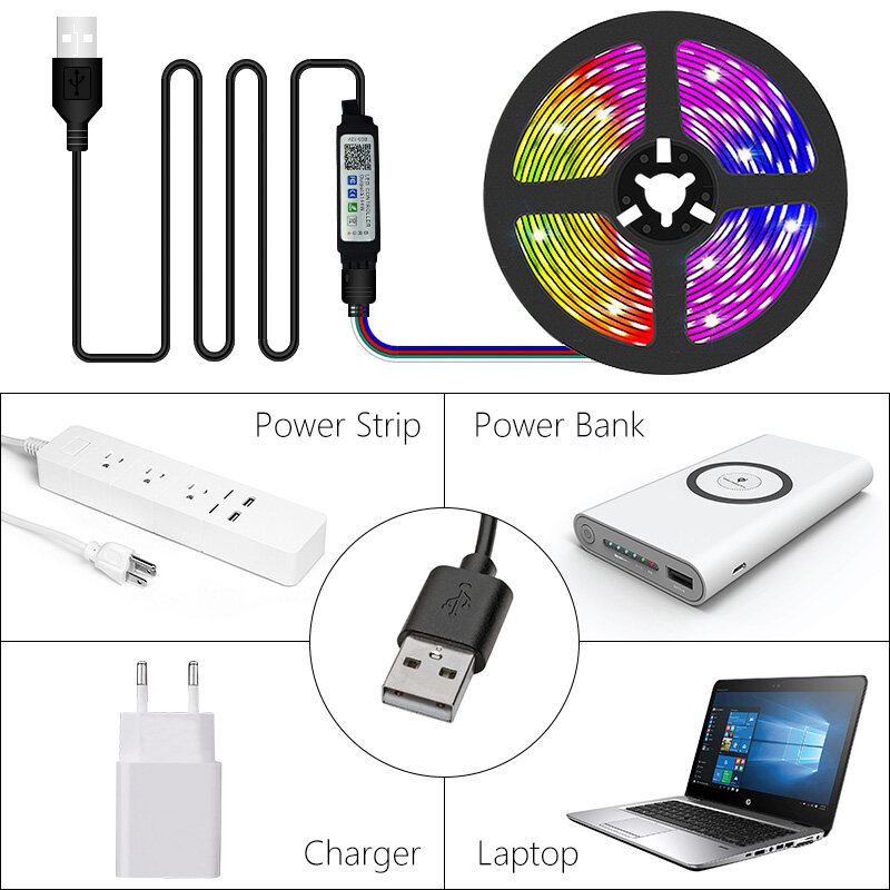 Bande lumineuse LED Bluetooth USB, lampe à ruban, lumière flexible pour la décoration de la pièce, rétroéclairage TV, bande de diodes, RVB 5050, 5V