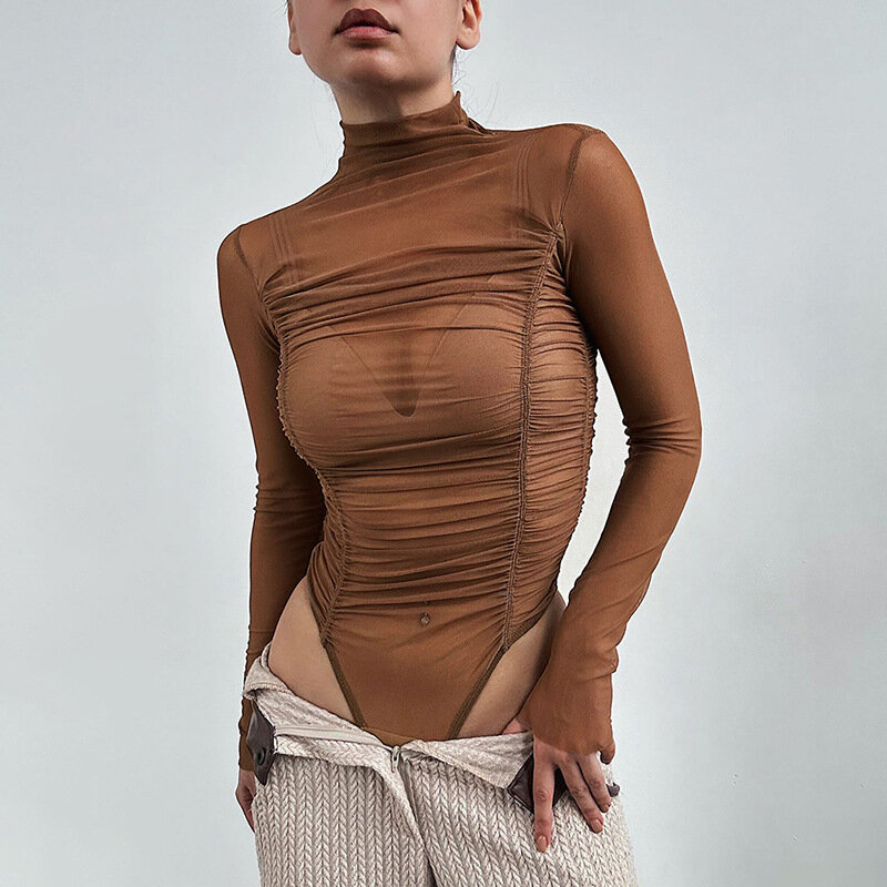 Sexy Mesh See Through Ruched Bodysuit Lingerie 2023 Autumn Soild Color Long Sleeve High Collar Tops Party Nightclub Streetwear