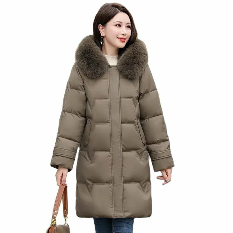 Abrigo de longitud media con capucha para mujer, abrigo holgado y cálido con mangas raglán, cuello de piel grande, moda de invierno, novedad de 2023